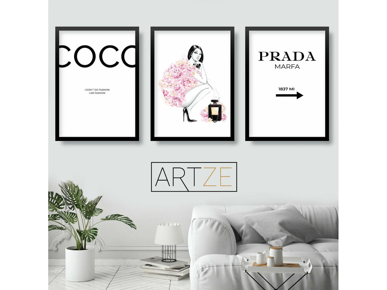 Buy FASHION Set 3 Black Pink Coco Chanel Quote PRADA Peonies Perfume Wall Art Print | Fat Llama