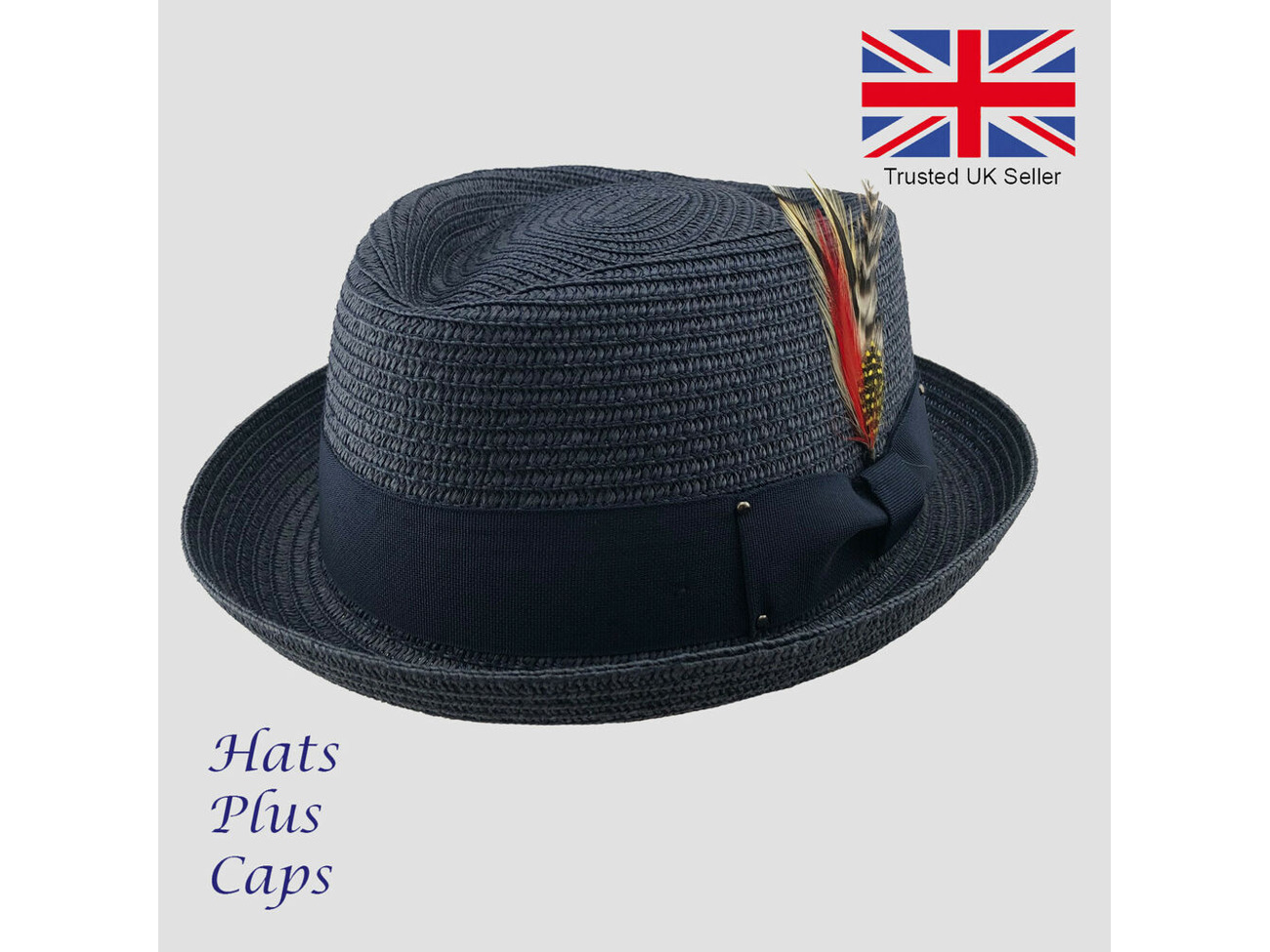 Black Straw Pork Pie Hat Diamond Crown Packable Summer Beach Trilby