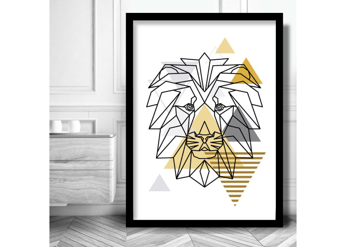 Art Print Lion Yellow Grey Geometric Poster Modern Wall Decor