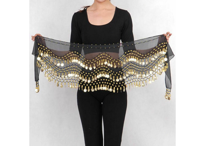 Belly Dance Chiffon Hip Skirt Scarf Wrap Belt Costume with 3 Rows Gold Coins US