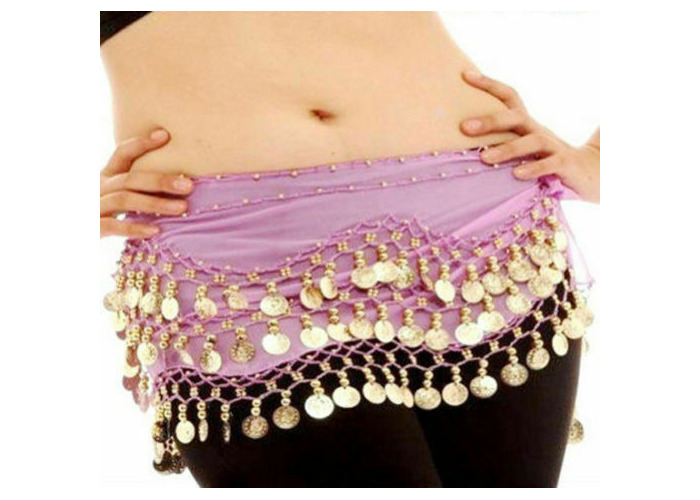 Black Belly Dance Hip Skirt Scarf Wrap Belt costume with 3 Rows Gold Coins USA