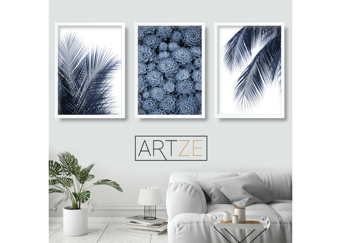 Set Of 3 Navy Blue Wall Art Print Palms Fern Leaf Succulent Poster Picture Decor Fat Llama Set Of 3 Navy Blue Wall Art Print
