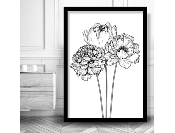 Set of 3 Peony Peonies Flower Art Print Poster Scandi Grey Black and White Gray